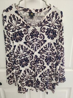 Lace-Up Floral Print Bell Sleeve Tunic Top White Navy And Soft Pink
